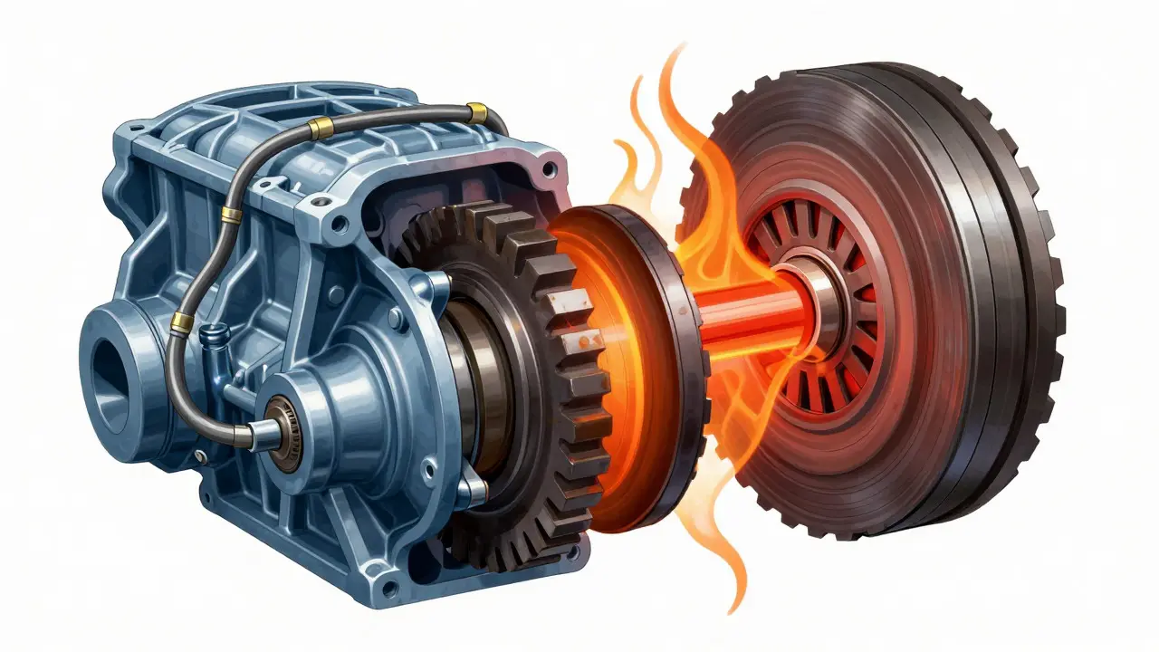 Cutaway illustration of worn transmission clutches and overheating parts