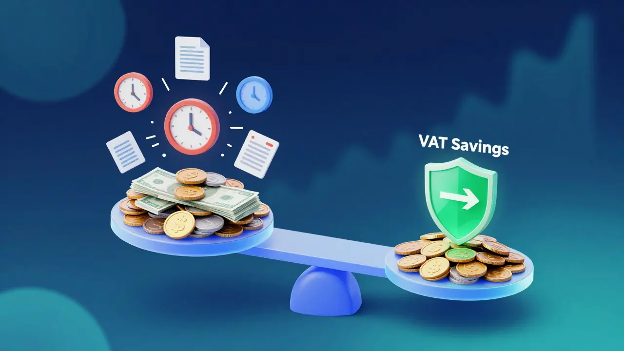 Digital scale balancing cash earnings against time costs and VAT savings