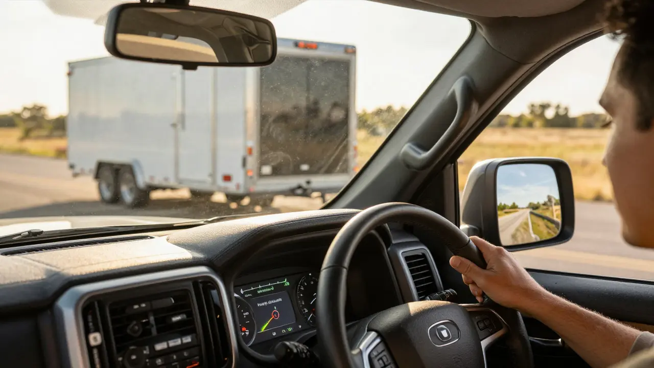 Driver's view of brake controller and calm driving inside truck cab