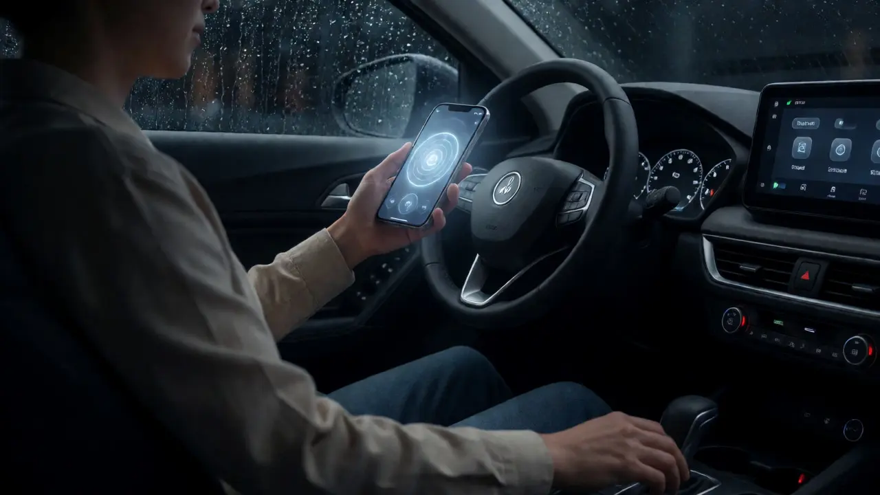 Driver using phone Face ID to start car at night in rain