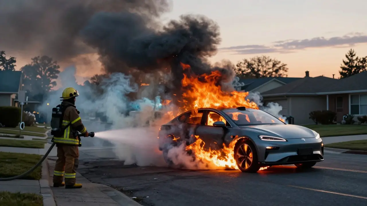 Electric car on fire emitting distinctive white-blue smoke on a residential street