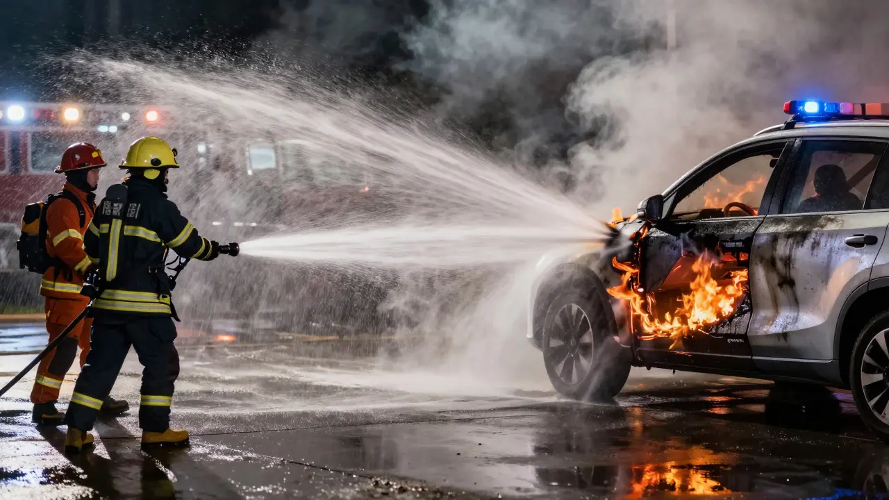 Firefighters using high-pressure water hoses to cool an electric vehicle chassis