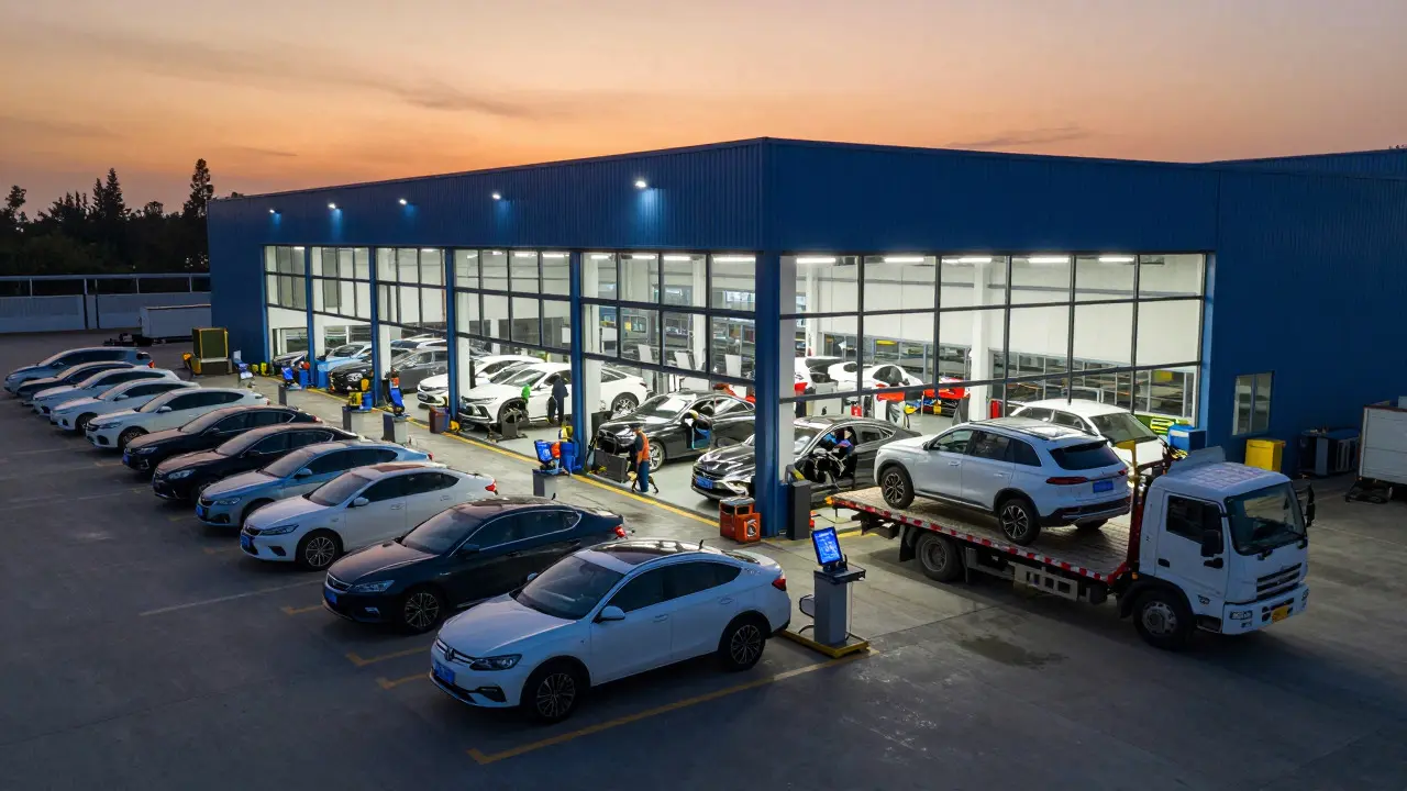 Freshly repaired cars being loaded onto a truck outside a reconditioning center