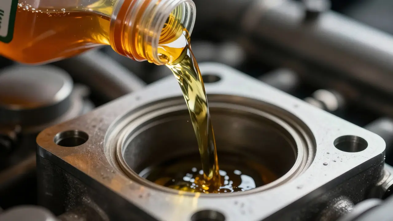 Golden synthetic oil pouring into engine close-up
