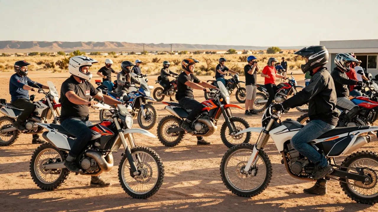 Group of motorcycle riders at a desert rally event