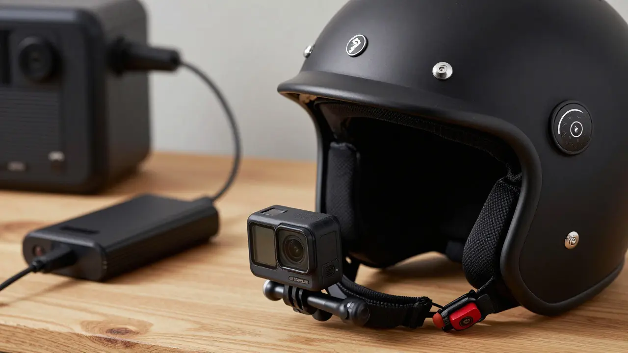 Helmet with Bluetooth intercom and action camera on table