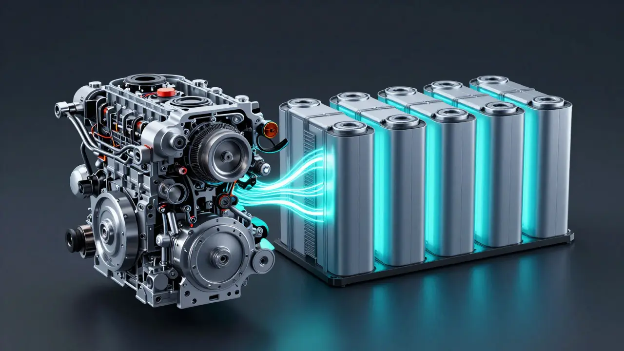 Illustration comparing complex engine parts with simple EV battery cells