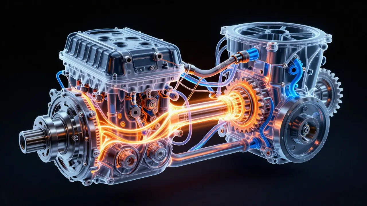 Illustration of car drivetrain showing power flow