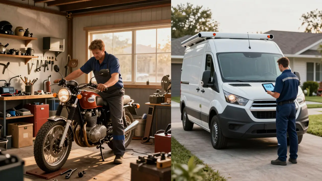 Independent mechanic workshop contrasting with mobile service van