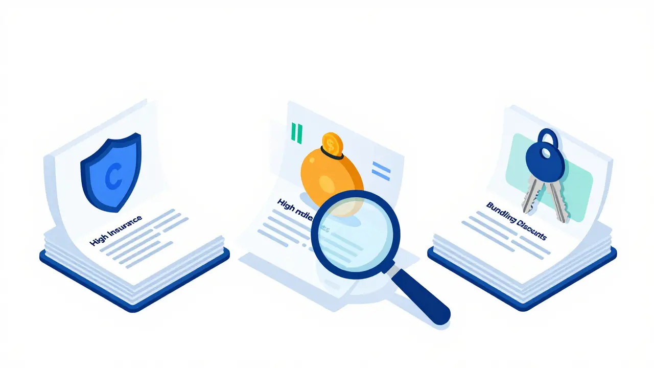 Isometric view of comparing insurance policies with magnifying glass