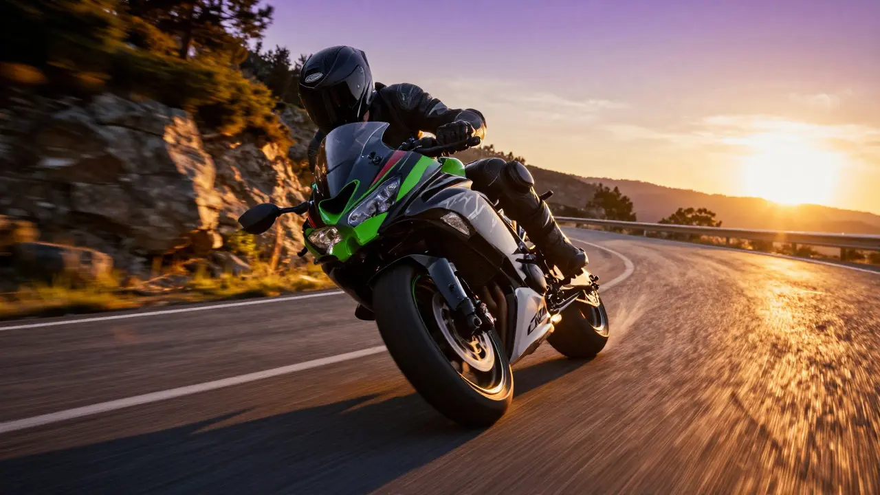 Kawasaki ZX-4RR leaning into a sharp turn on a mountain road at sunset