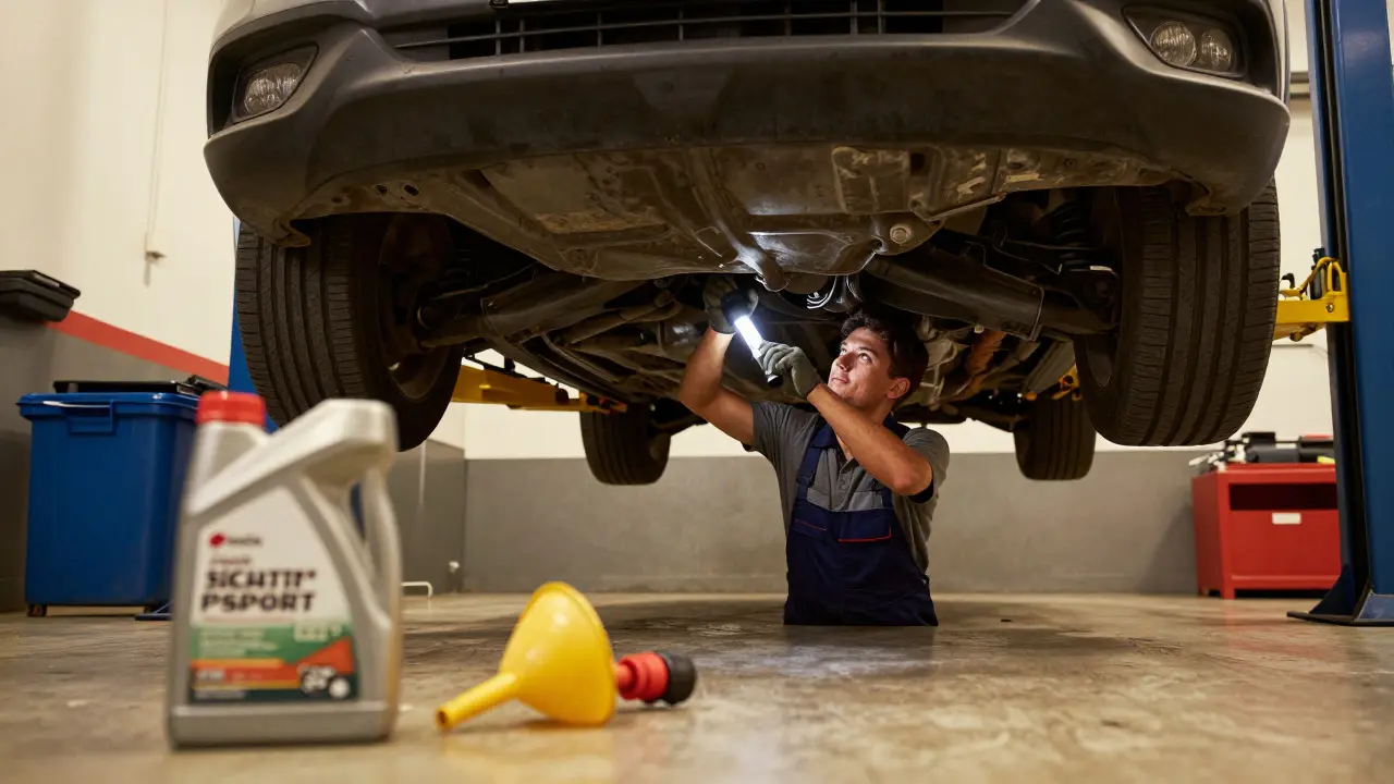 Mechanic inspecting a car's transmission in a professional repair shop