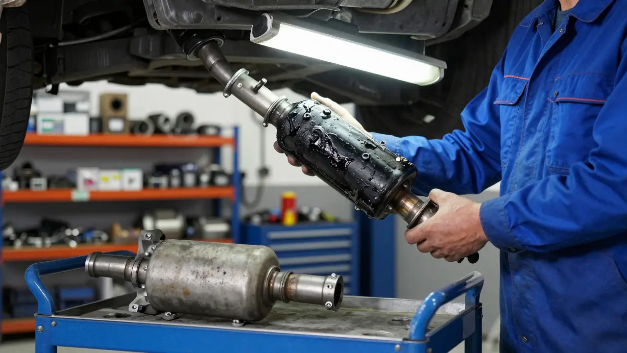 Mechanic inspecting a damaged catalytic converter under bright workshop lights