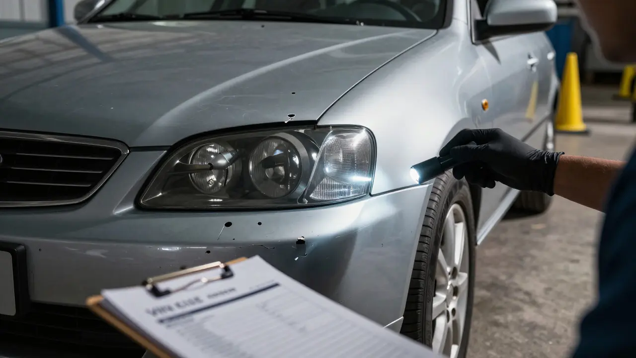 Mechanic inspecting a damaged sedan under an LED light in an auction yard