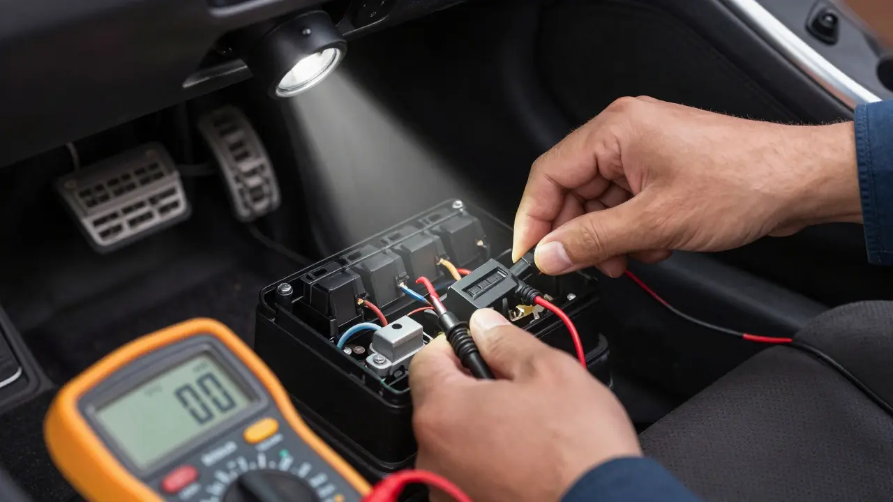 Mechanic pulling fuses to find electrical fault in car dashboard