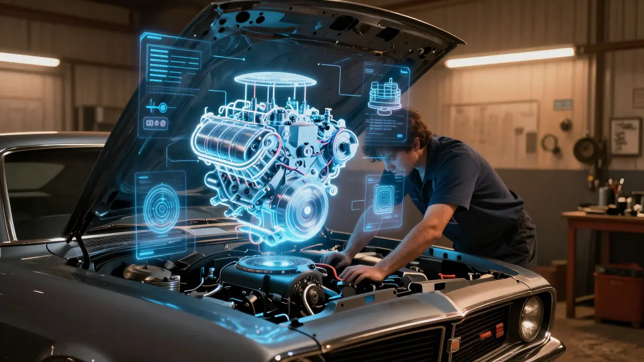 Mechanic working on car engine with floating holographic technical diagrams
