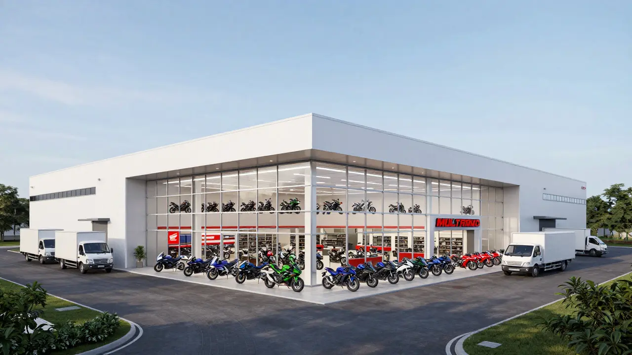 Modern multi-brand motorcycle superstore on an industrial estate
