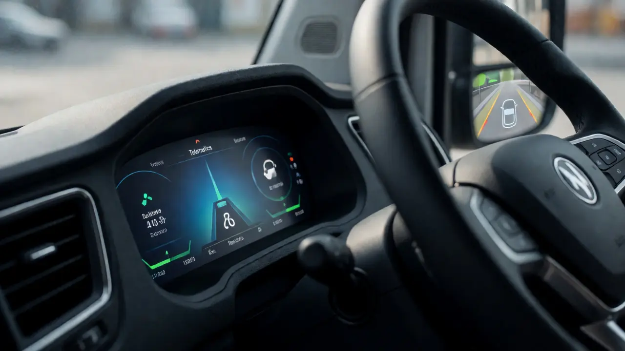 Modern vehicle dashboard displaying telematics data and driver assistance system indicators.