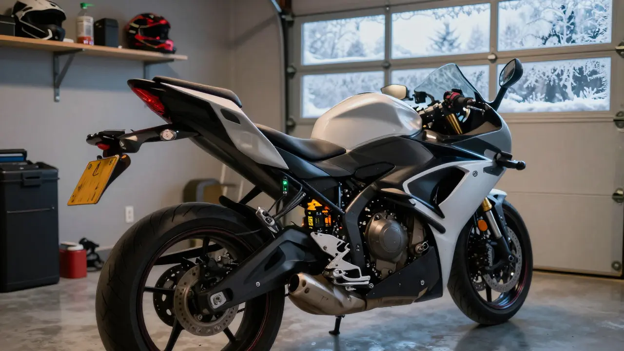Motorcycle connected to a smart trickle charger in a garage during winter storage.
