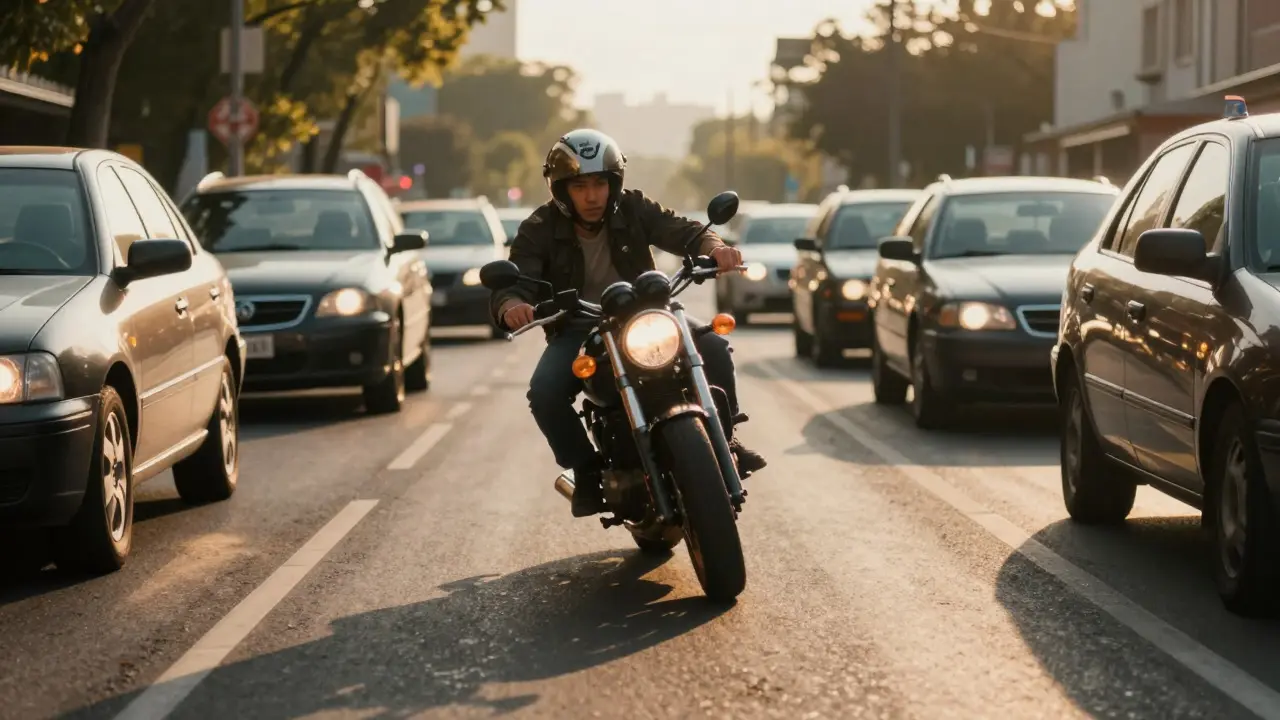 Motorcycle navigating slowly through heavy city traffic at sunset
