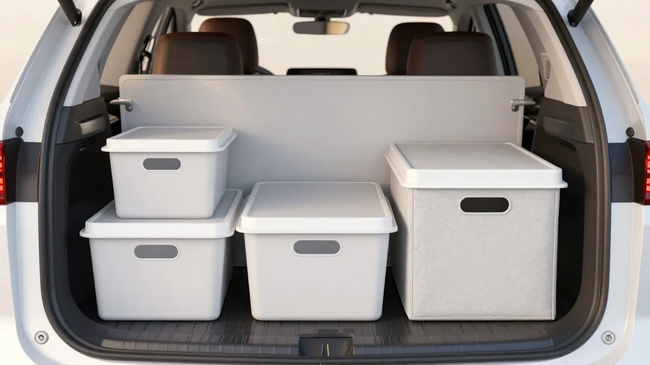 Organized SUV trunk featuring modular boxes, dividers, and non-slip mats