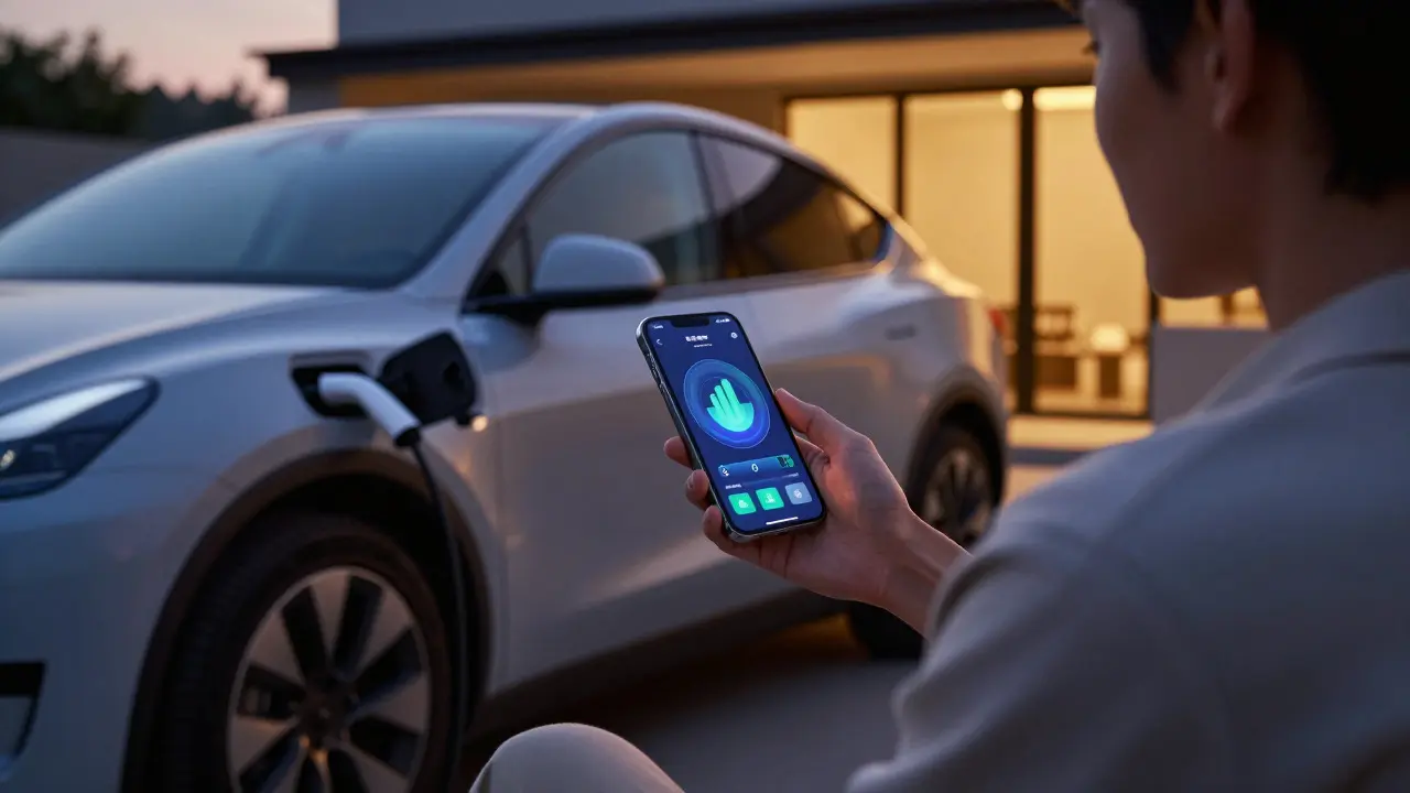 Person checking EV battery status via smartphone app at home