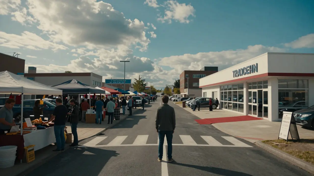 Person choosing between busy market path and easy dealership road