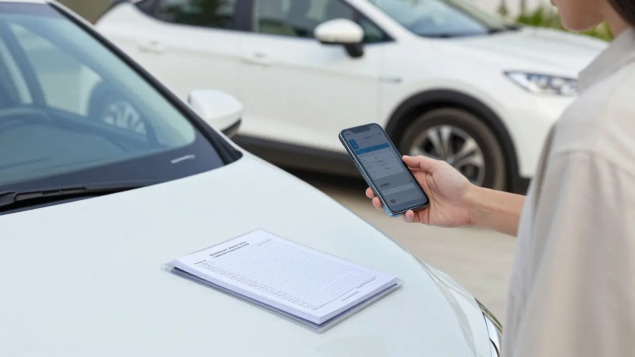 Person photographing a service receipt next to a car to update their maintenance records