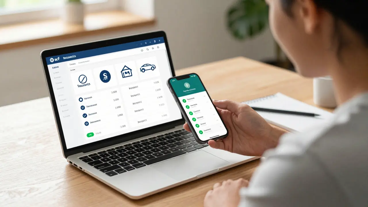 Person using phone app and laptop to compare and negotiate insurance