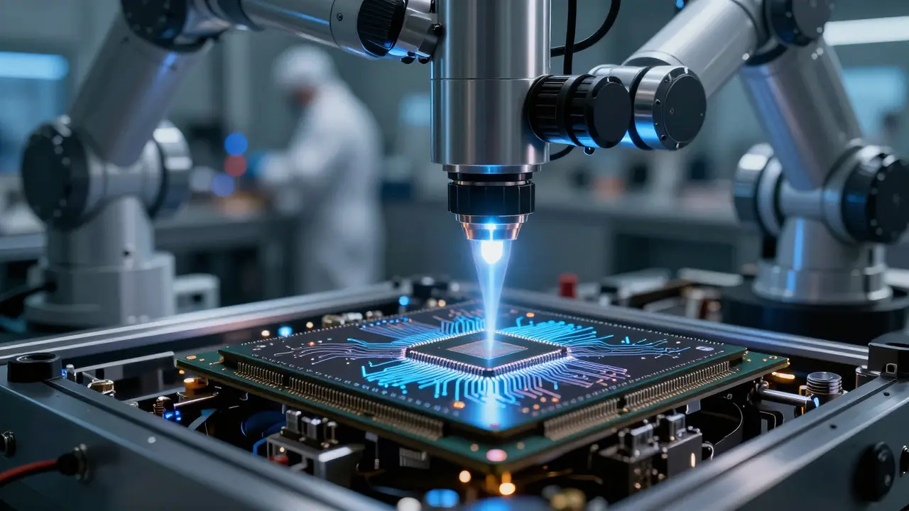 Robotic arm handling a glowing microchip in a semiconductor factory