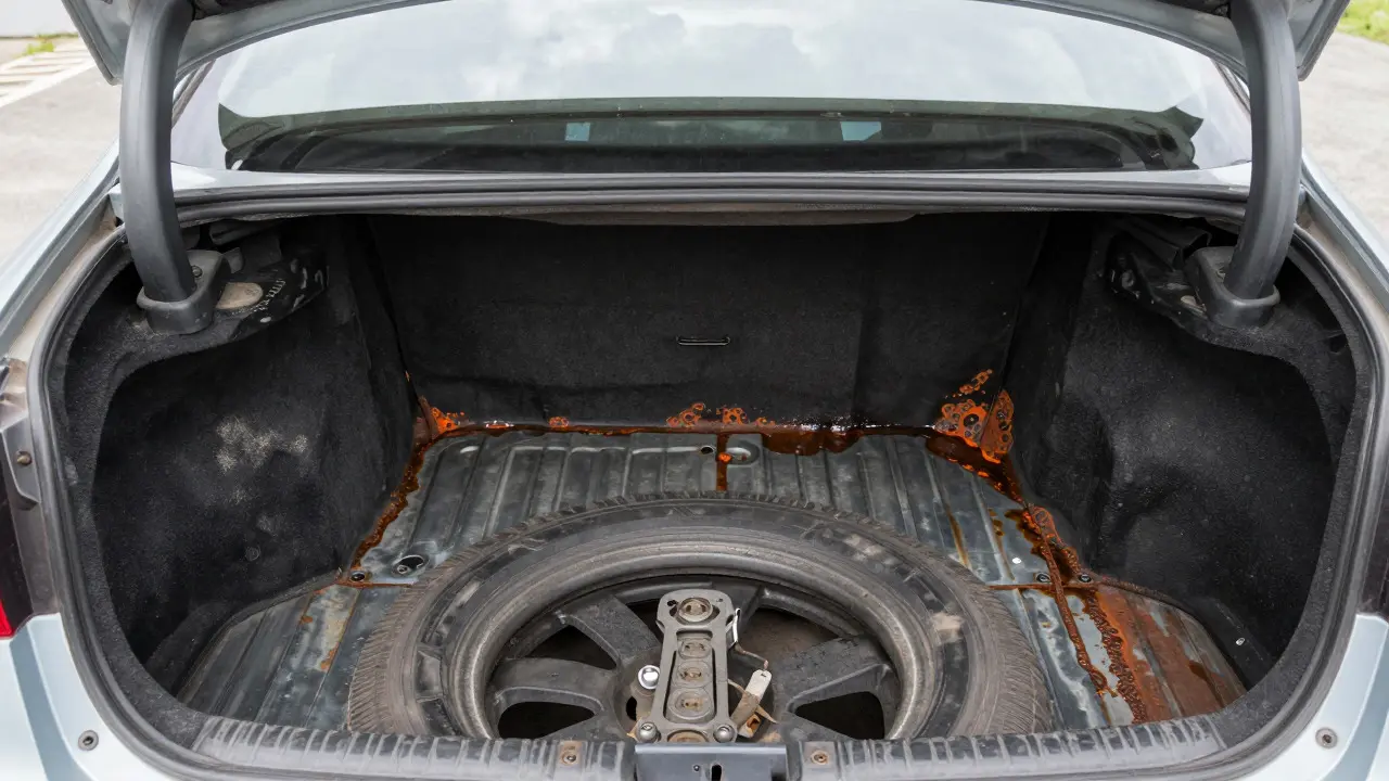 Rusted metal floor pan visible in the trunk of a used car