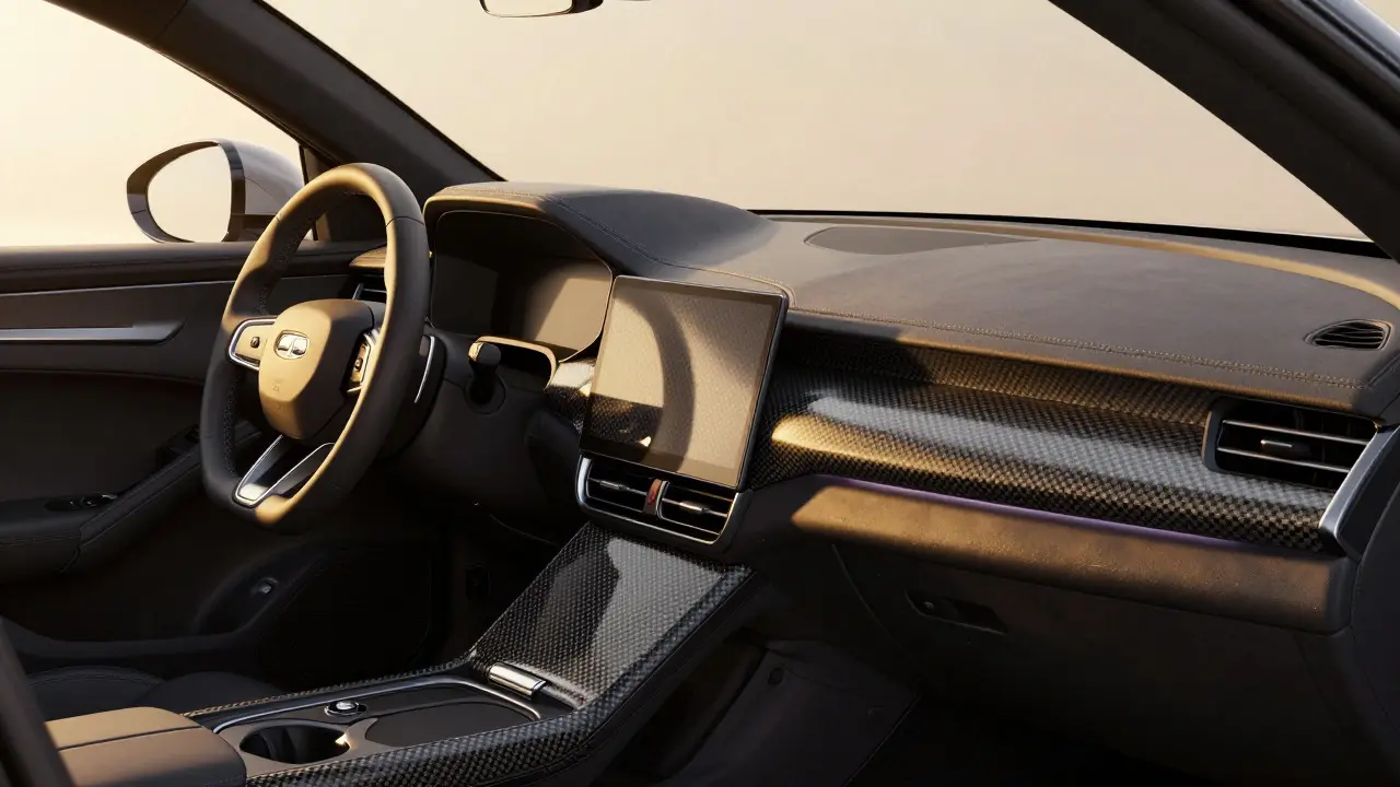 Sleek car dashboard with carbon fiber trim in sunlight
