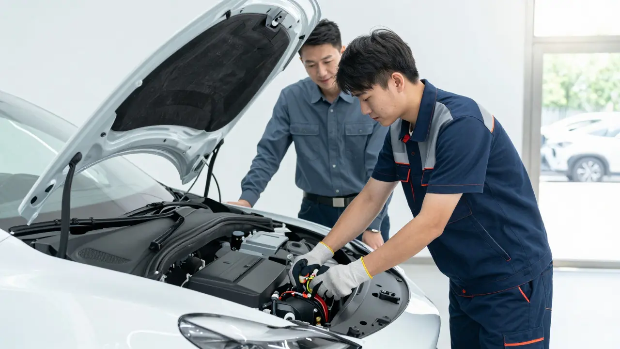Student working on an electric vehicle battery safely