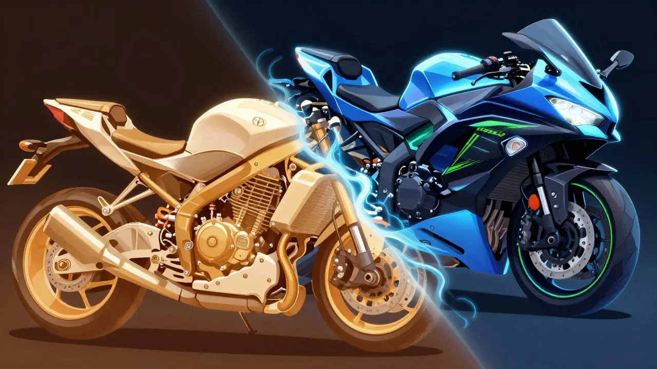 Stylized illustration contrasting the smooth twin engine with the sharp four-cylinder