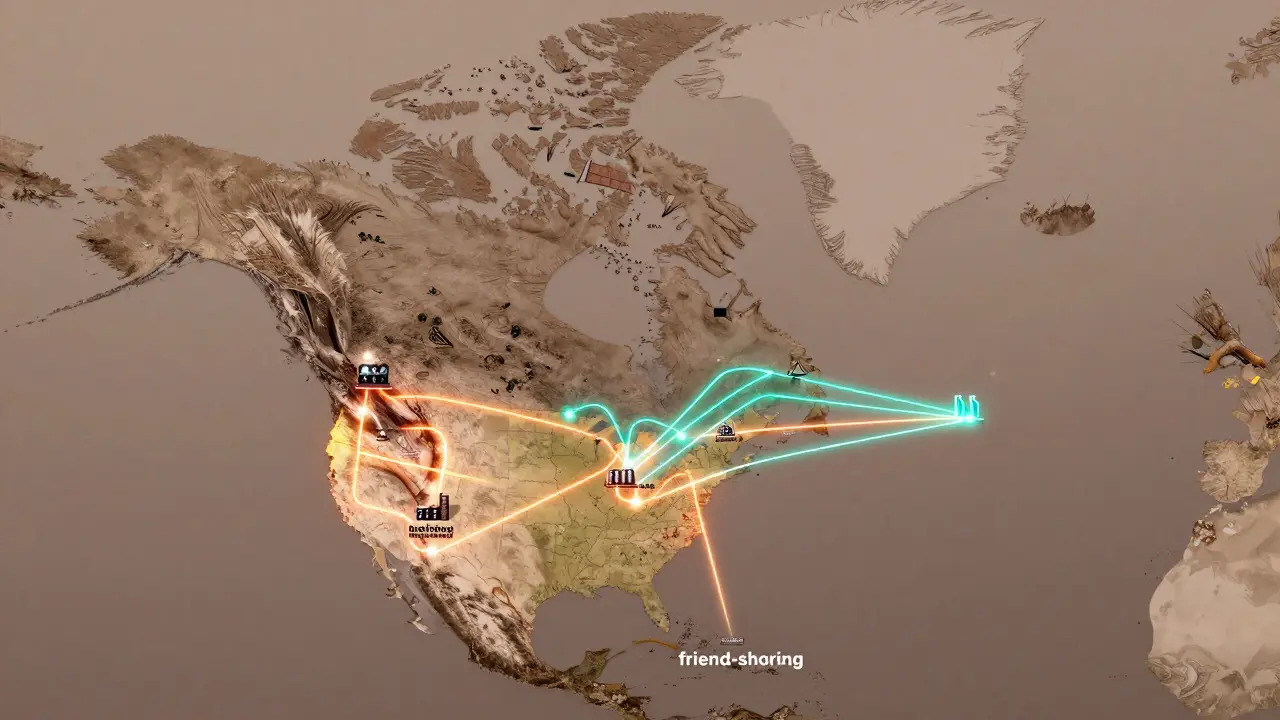 Stylized map showing connected domestic auto supply chain networks