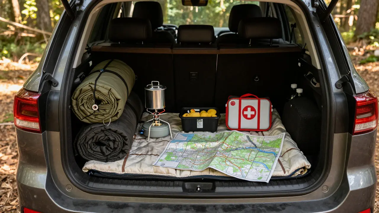 SUV trunk packed with camping gear, maps, and safety supplies for road trip