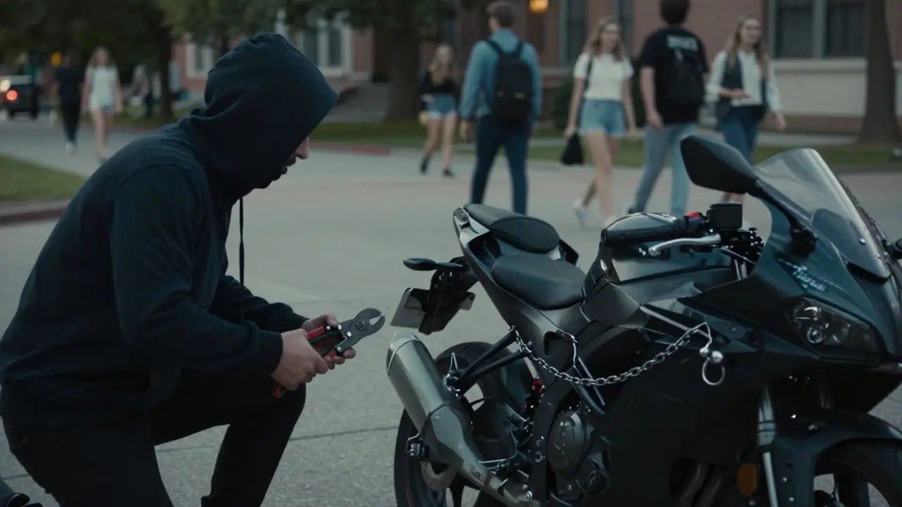 Thief with bolt cutters eyeing a vulnerable parked motorcycle
