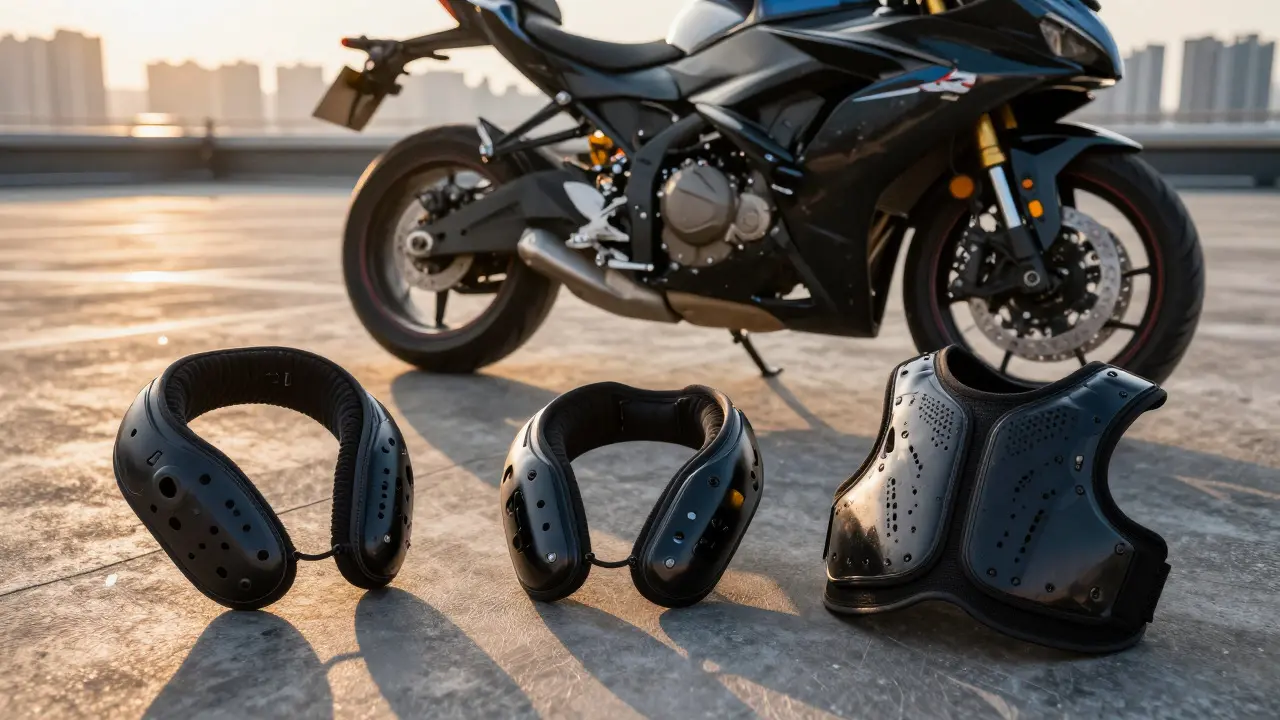 Various motorcycle neck guards displayed on a table with a city background.