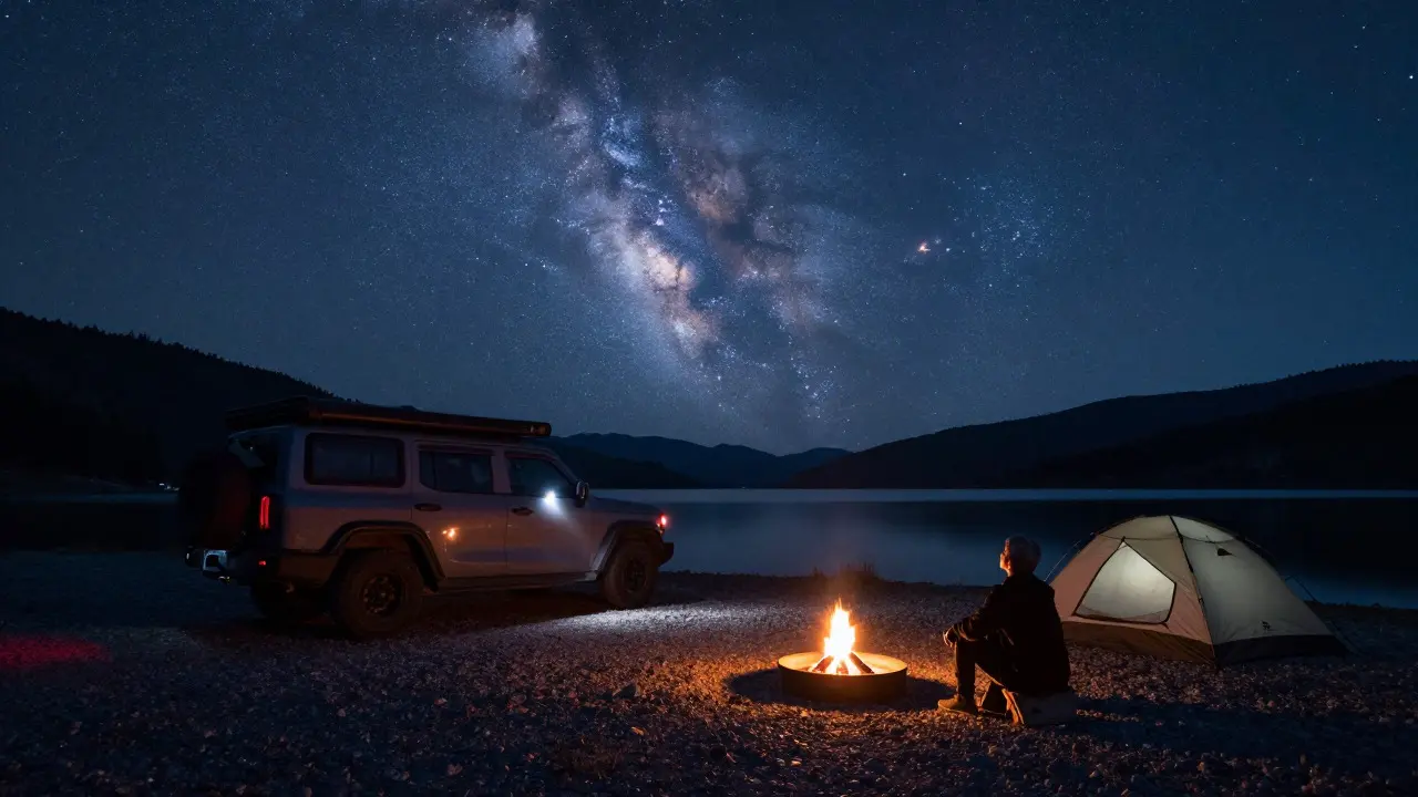 Vehicle and tent camped by alpine lake under starry night sky