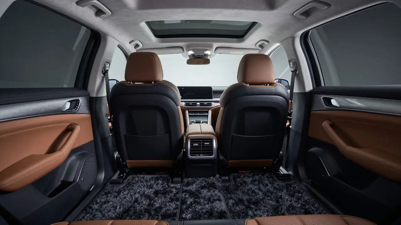 Wide view of a fully customized car interior with new carpets