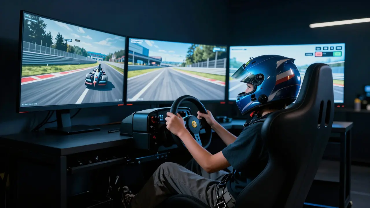 Young gamer using a realistic sim racing setup