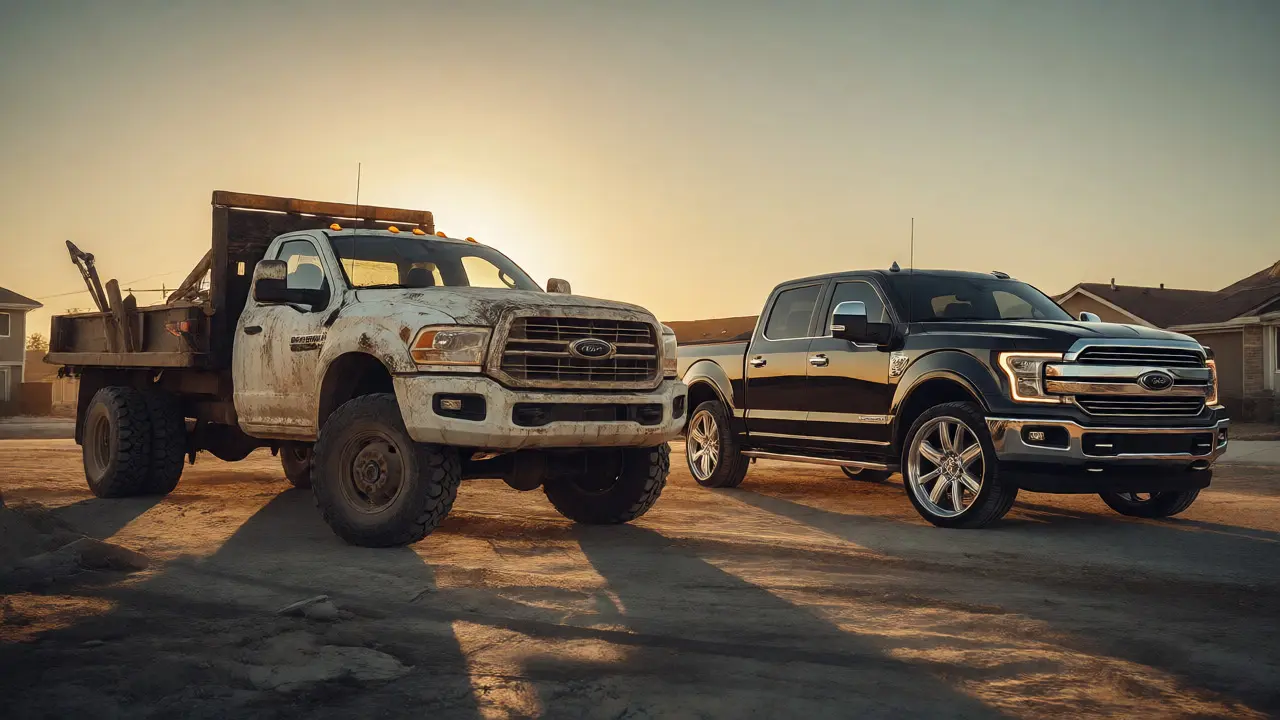 A muddy work truck and a clean luxury truck parked together at a construction site during sunset.