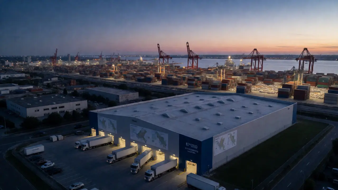 Aerial view of a logistics hub showing nearshoring warehouses and shipping containers