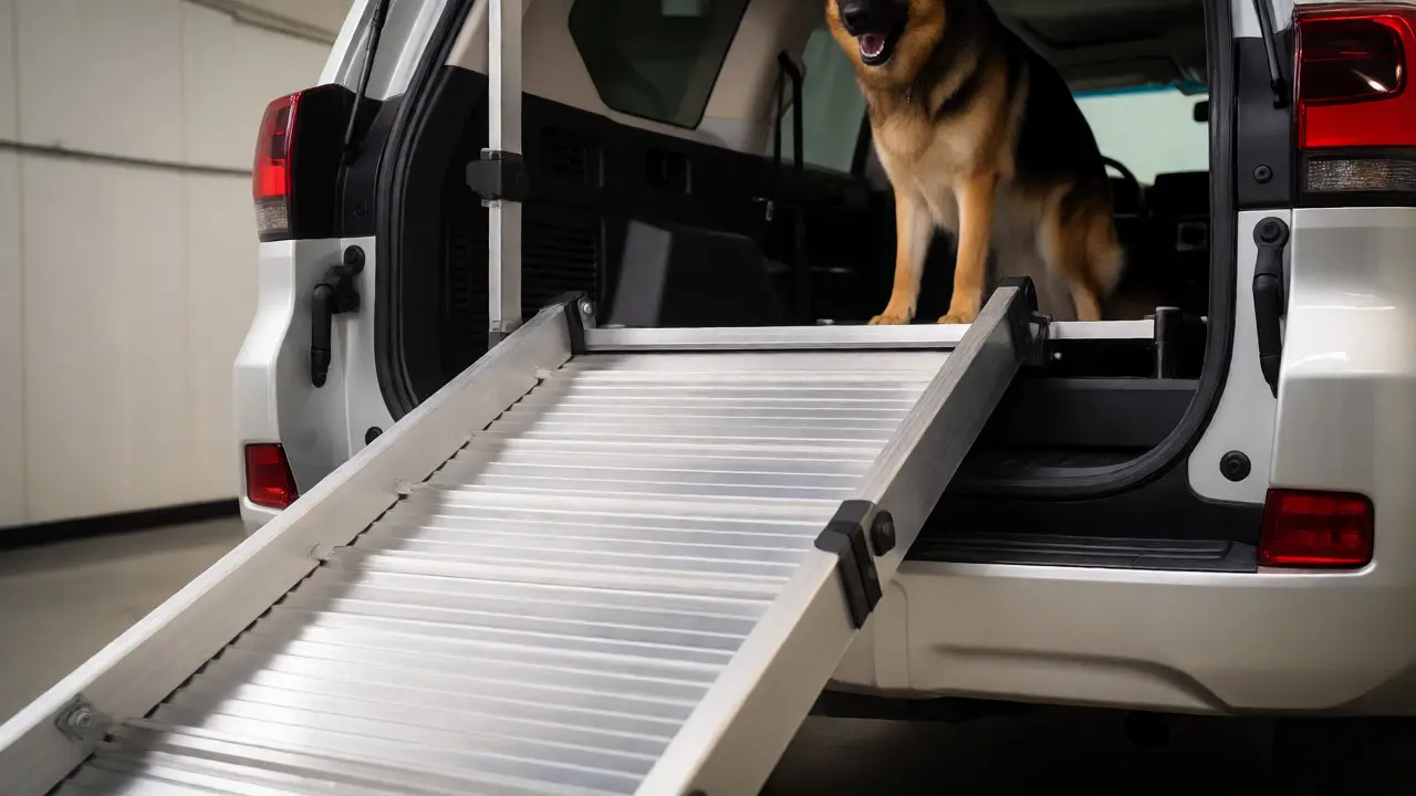 Aluminum ramp providing access to the high cargo bay of a Toyota Land Cruiser.