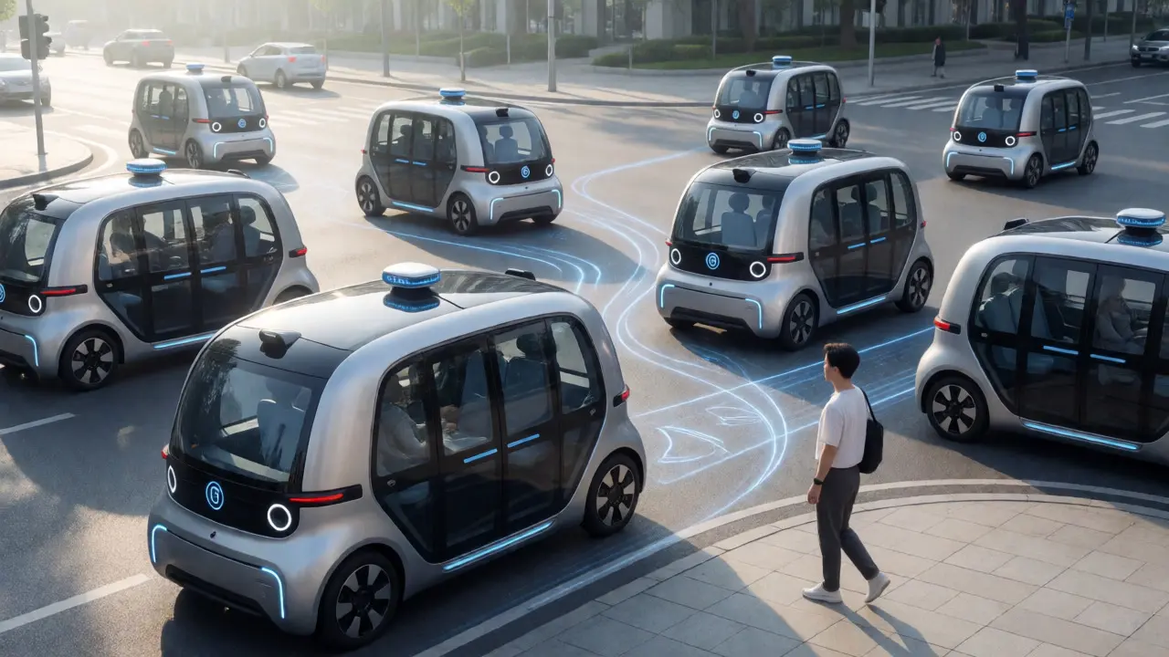 Autonomous shuttles coordinating movement at a light-free intersection