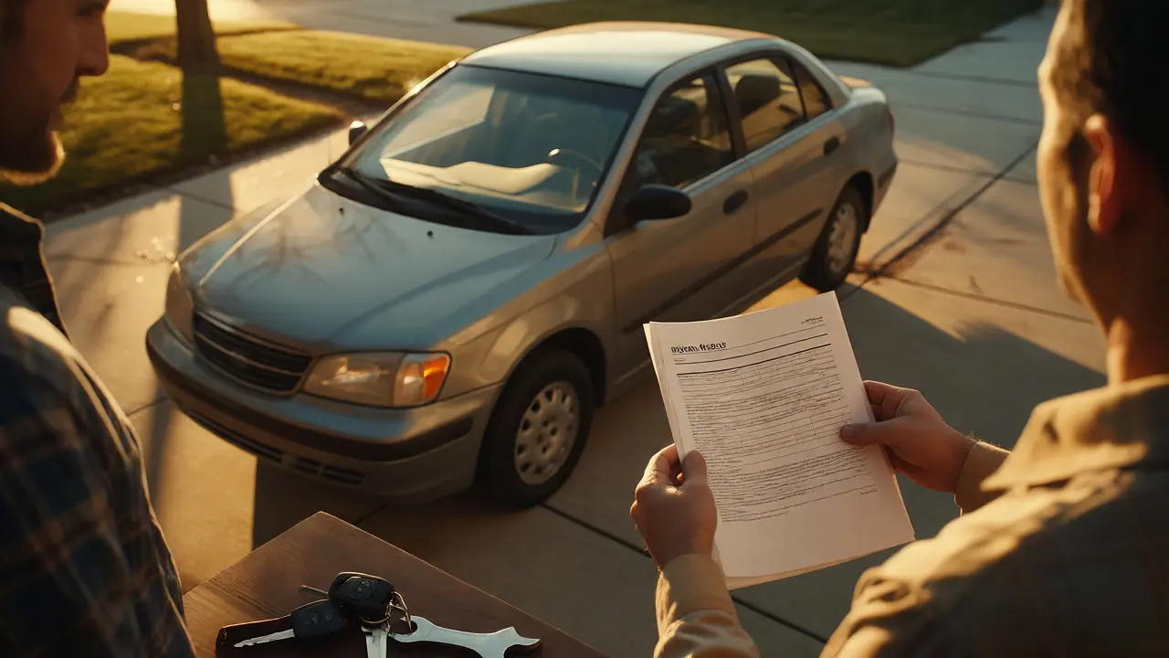 Buyer holding a vehicle history report while negotiating with a seller near a used car.