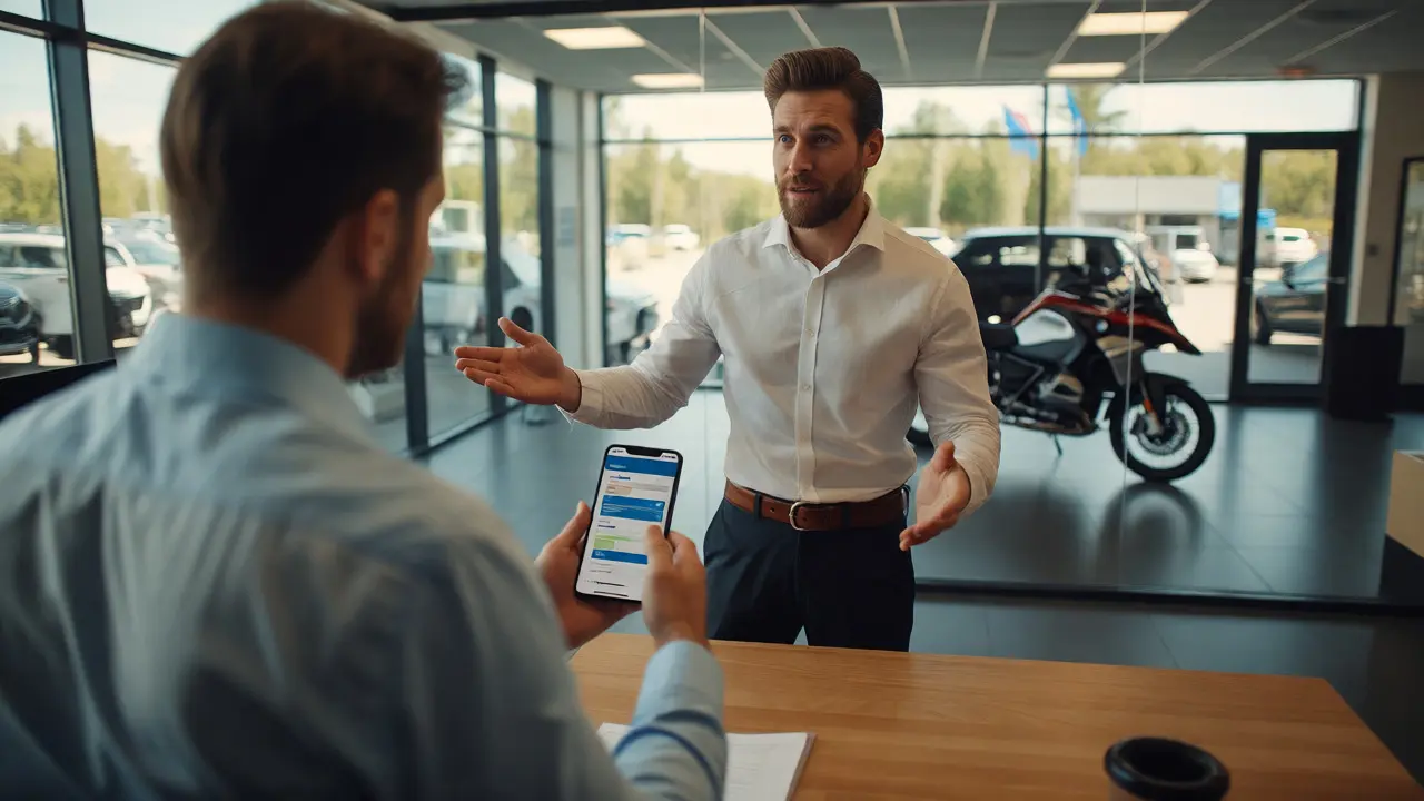 Buyer negotiating price with dealer using smartphone research data