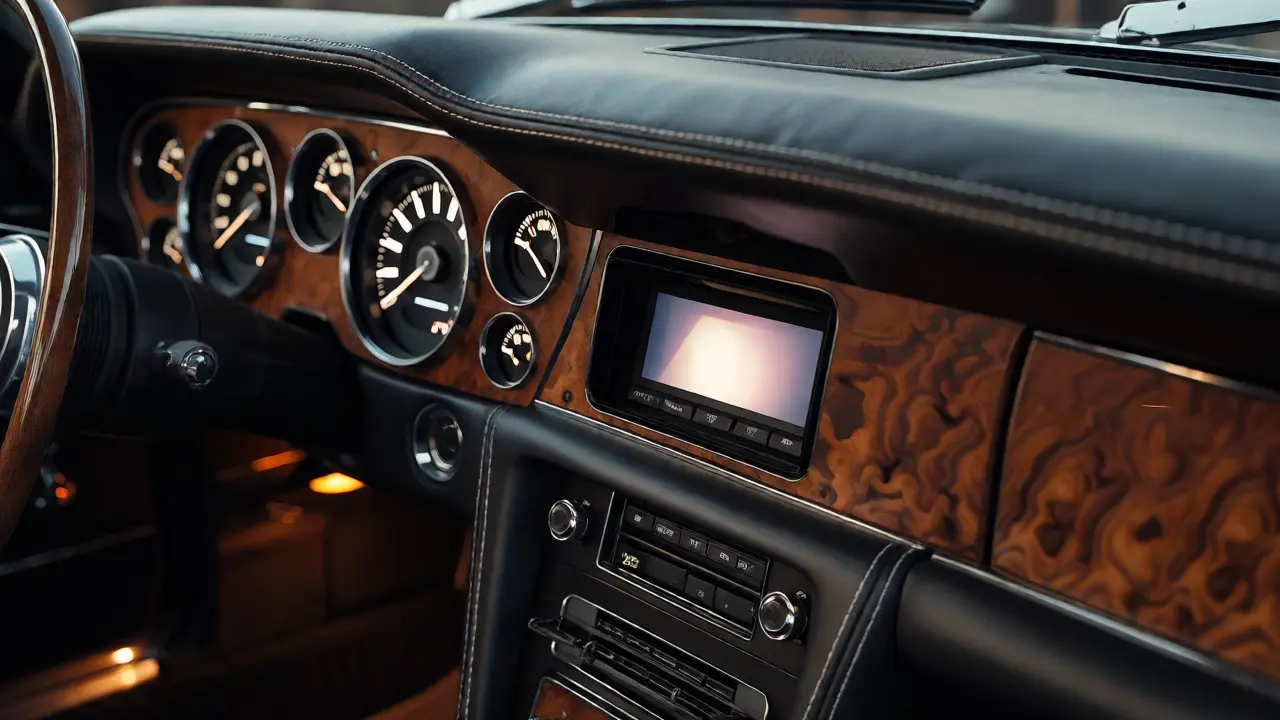 Classic car interior featuring hidden digital displays behind wood trim