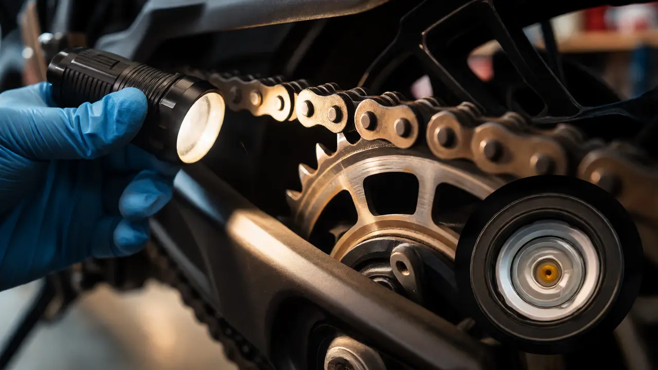 Close-up inspection of motorcycle chain and sprocket wear during purchase