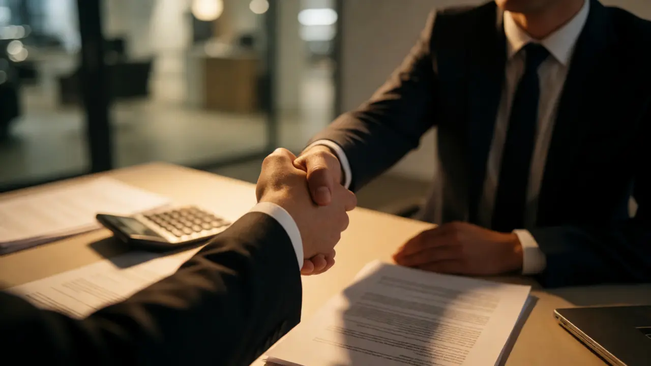 Close-up of a handshake sealing a deal between buyer and sales manager.